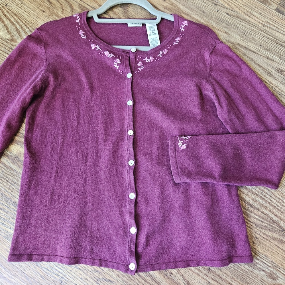 LL Bean Cardigan Sweater L Silk Wool Pink Button Front Embroidered Floral Womens